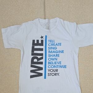 White Graphic T-Shirt with Blue and Black Text